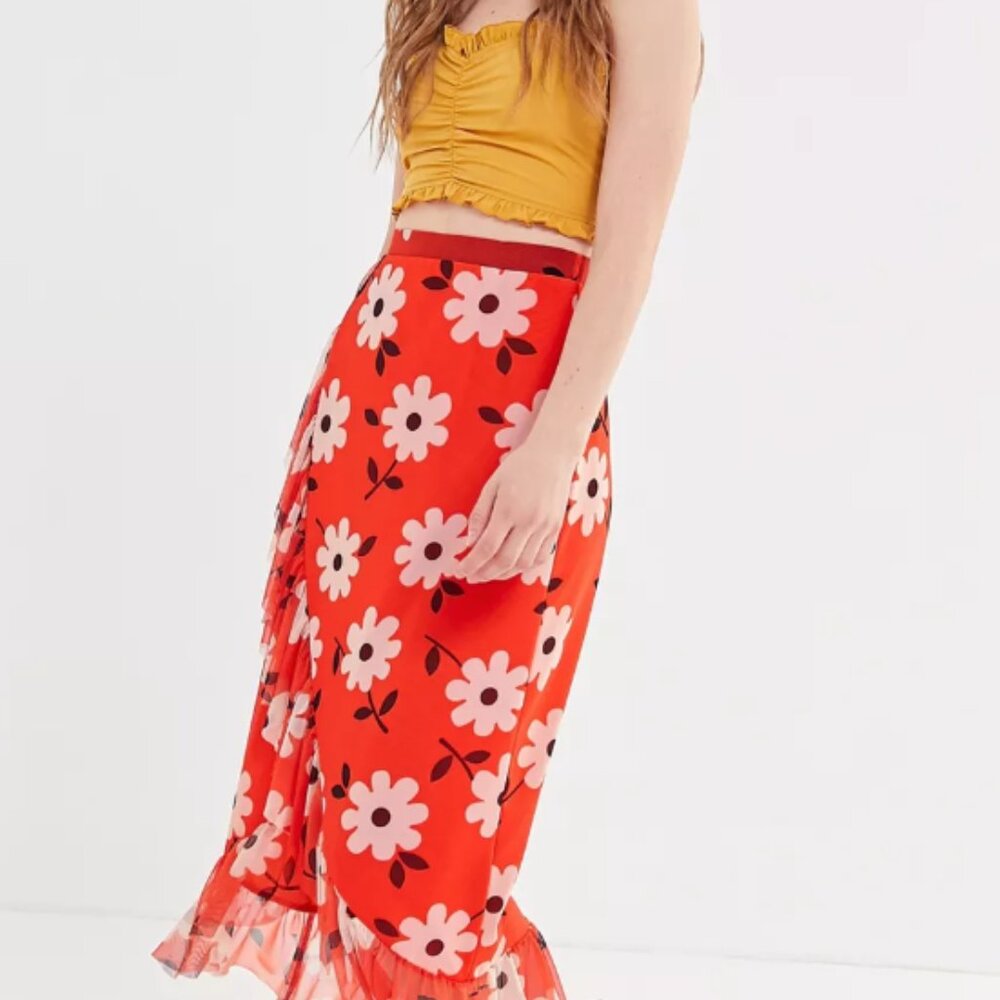 Floral Mesh Ruffle Midi Skirt